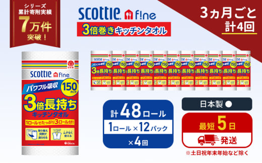 定期便 キッチンペーパー 12パック入 キッチンタオル スコッティ ファイン 1 ロール 3倍 150カット セット《3ヶ月ごと計4回》 ペーパータオル キッチン用品 節約 日用品 日用雑貨 備蓄 備蓄用 防災 災害 3倍巻き まとめ買い 宮城県 岩沼市 [№5704-1104] 2134308 - 宮城県岩沼市