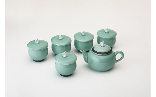 [セット][深川製磁]有田焼/笹青磁うさぎ急須茶器揃