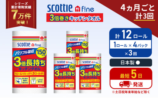 定期便 キッチンペーパー 4パック入 キッチンタオル スコッティ ファイン 1 ロール 3倍 150カット セット《4ヶ月ごと計3回》 ペーパータオル キッチン用品 節約 日用品 日用雑貨 備蓄 備蓄用 防災 災害 3倍巻き まとめ買い 宮城県 岩沼市 [№5704-1097] 2134301 - 宮城県岩沼市