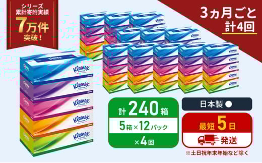 定期便 ティッシュ クリネックス ティシュー 1ケース (5箱入×12パック)《3ヶ月ごと計4回》 ティッシュペーパー セット 柔らかい 節約 日用品 日用雑貨 備蓄 備蓄品 備蓄用 防災 災害 ボックスティッシュ  ペーパー 宮城 岩沼市 [№5704-1047] 2134251 - 宮城県岩沼市