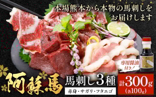 阿蘇馬 馬刺し3種 ( 赤身・サガリ・フタエゴ ) 計 300g 各 100g 専用醤油付き 150ml×1本 阿蘇牧場 《60日以内に出荷予定(土日祝を除く)》 熊本県 津奈木町 馬刺し 馬肉 肉 赤身 サガリ フタエゴ