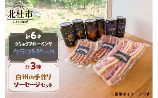 うちゅうブルーイング クラフトビール6本と名水百選で知られる白州の手作りソーセージ3種セット クラフトビール ソーセージ ウインナー ベーコン 詰め合わせ セット 6本 350ml 宇宙ビール うちゅうブルーイング シポラタウインナー チョリソーソーセージ ソフトベーコン 食べ比べ 飲み比べ