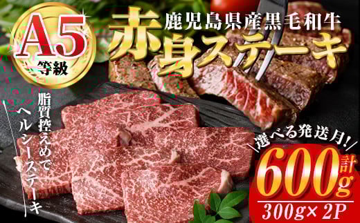 [配送時期が選べる]鹿児島県産黒毛和牛(A5等級)赤身ステーキ 合計600g(300g×2パック) 赤身 ステーキ 牛肉[カミチク]A228-v01