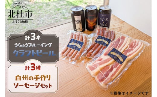 うちゅうブルーイング クラフトビール3本と名水百選で知られる白州の手作りソーセージ3種セット クラフトビール ソーセージ ウインナー ベーコン 詰め合わせ セット 3本 350ml 宇宙ビール うちゅうブルーイング シポラタウインナー チョリソーソーセージ ソフトベーコン 食べ比べ 飲み比べ