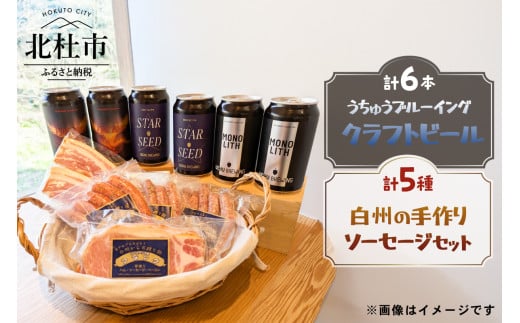 うちゅうブルーイング クラフトビール6本と名水百選で知られる白州の手作りソーセージ5種セット クラフトビール ソーセージ ウインナー ベーコン ハム 詰め合わせ セット 6本 350ml 宇宙ビール うちゅうブルーイング シポラタウインナー 大葉ソーセージ 野沢菜ソーセージ ソフトベーコン カスラハム 食べ比べ 飲み比べ