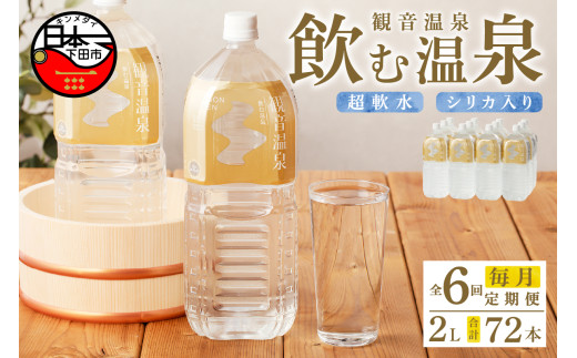 ＜観音温泉＞飲む温泉　観音温泉　2L　(6本入)　2ケース　定期便　6ヶ月　毎月 [水 2L 温泉水 飲む温泉水 国産 6本  2ケース 超軟水 美容 健康 料理 シリカ 飲むシリカ ミネラルウォーター 常温保存 備蓄 保存水 静岡 伊豆 下田市] 500703 - 静岡県下田市
