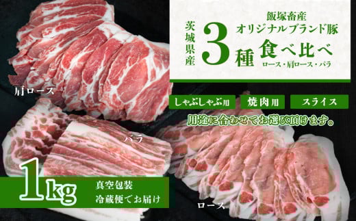 飯塚畜産 自社 ブランド豚 3部位 食べ比べ 計 1kg ( ロース 310g / 肩ロース 330g / バラ 360g )[ 用途で選べる スライス ] しゃぶしゃぶ用 2mm / 通常 スライス 3mm / 焼肉用 5mm [ 茨城 下妻 国産 豚肉 銘柄豚 生姜焼き 切り身 炒め物 冷蔵 クール おかず 中華 BBQ バーベキュー 真空パック ]