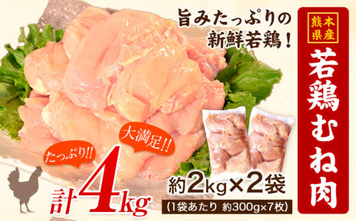 熊本県津奈木町のふるさと納税 熊本県産 若鶏むね肉 約2kg×2袋(1袋あたり約300g×7枚前後) たっぷり大満足！計4kg！《30日以内に出荷予定(土日祝除く)》 熊本県 葦北郡 津奈木町 訳あり 定期 でない