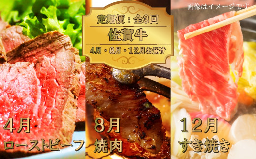 [定期便セット:全3回]佐賀牛定期便(4月:ローストビーフ・8月:焼肉・12月:すき焼き)