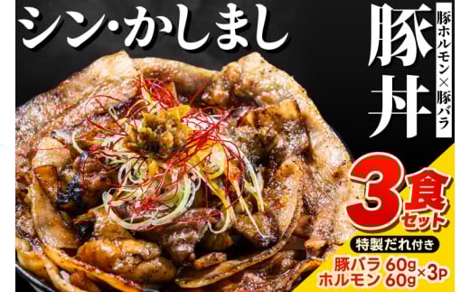  ～最強の鹿島アントラーズサポーター応援メシ～ かしまし豚のホルモン×豚バラ丼 3食セット 特製だれ付き（炭火焼）【かしまし豚 ホルモン 豚バラ 食べ比べ セット】（KDQ-10）