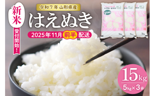 【令和7年産米】★2025年11月前半発送★はえぬき 15kg（5kg×3袋）山形県 東根市産　hi002-033-111-1