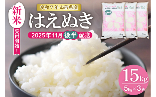 【令和7年産米】★2025年11月後半発送★はえぬき 15kg（5kg×3袋）山形県 東根市産　hi002-033-113-1 1225080 - 山形県東根市