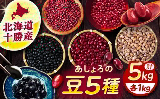 北海道 あしょろの豆 5種 計5kg（各1kg×各1袋）《足寄町》【党崎農場】小豆 大納言小豆 黒大豆 大正金時 中長鶉 大粒 詰め合わせ 赤飯 おしるこ 煮豆 健康 北海道産 道産 寒冷地 [BEAA012] 1266478 - 北海道足寄町