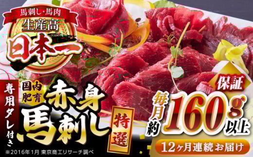 【全12回定期便】国内肥育 馬刺し 特選赤身 約160g以上保証 専用タレ付き 熊本 山都町 冷凍 馬肉 馬刺 ヘルシー 小分け【有限会社 丸重ミート】[YAK044]  1118597 - 熊本県山都町