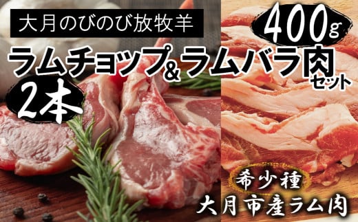 【先行予約】大月のびのび放牧羊【ラムチョップ＆ラムバラ肉セット】ラムチョップ2本(約200g)・バラ肉400g