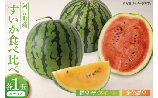 【6月中旬から7月中旬の発送】すいか食べ比べセット 羅皇 ザ・スイート(2Ｌ玉1個)と金色羅皇(2Ｌ玉1個)【ミネラル豊富 甘い 新品種 水分補給 おやつ】(84-03) 2140962 - 茨城県阿見町