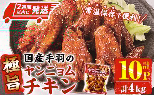＜2週間以内発送！＞ 極旨 ヤンニョム チキン (計4kg・400g×10P) ピリ辛 お肉 鶏肉 鳥肉 手羽先 とり肉 小分け おかず おつまみ 惣菜 常温 保存 簡単調理【AP-71】【株式会社 日向屋】