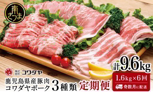 【定期便：全6回】鹿児島産 豚肉3種類セット 1.6kg×6回（合計9.6kg） 国産 鹿児島県産 豚肉 お取り寄せ かごしま グルメ 鍋 送料無料 鹿児島県 南さつま市 株式会社コワダヤ