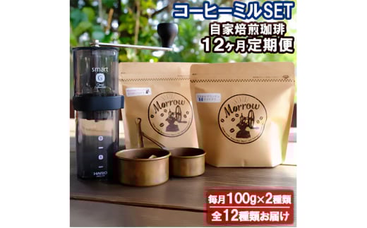 Morrow珈琲 12ヵ月定期便&コーヒーミル・スマートG レギュラーコーヒー 珈琲 コーヒー 珈琲粉 コーヒー豆 珈琲豆 ドリップコーヒー ドリップ 自家焙煎珈琲 自家焙煎コーヒー 12回 お楽しみ 福岡 福岡県 小郡市