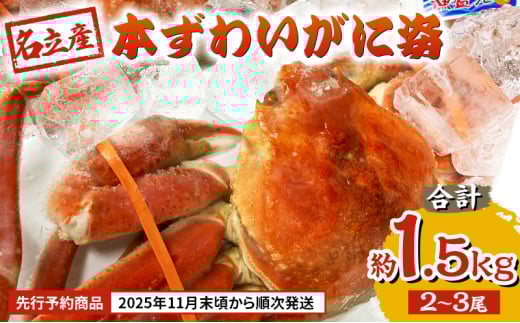 【先行予約商品　2025年11月末頃から順次発送します】名立産　本ずわいがに姿　2～3尾　合計約1.5kg　新潟 上越 ズワイガニ 冷凍カニ 海産物