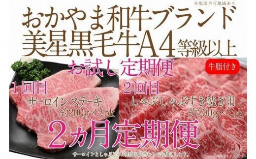 【定期便2か月】　岡山　黒毛和牛　美星牛　A４等級以上　牛脂付き　お試し定期便 合計約８００g（サーロイン約４００ｇしゃぶしゃぶすき焼き用約４００ｇ）生産者直送便　美星町　美星牧場　定期便