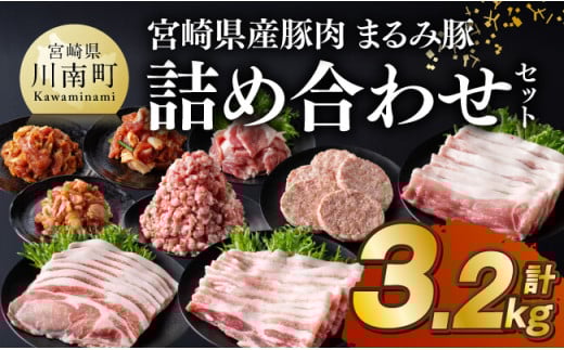 宮崎県産豚肉「まるみ豚」 詰め合わせ セット 計3.2kg 【 肉 豚肉 国産 こま切れ ハンバ―グ 生姜焼き 弁当 おかず お手軽 真空パック ミンチ 挽肉 九州産 宮崎県産 川南町産 送料無料 】