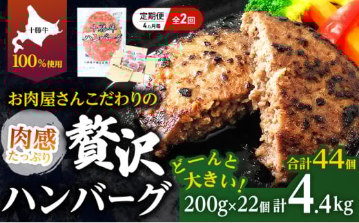 [大人気ハンバーグの定期便] 全2回/4ヶ月毎 合計44個 北海道 十勝牛 手ごねハンバーグ 200g×22個【 セット 牛100% 国産牛 牛肉 ハンバーグ パティ パテ 惣菜 小分け 冷凍 大きい 国産 北海道 十勝 幕別 ふるさと納税 送料無料 】[№5749-1730]