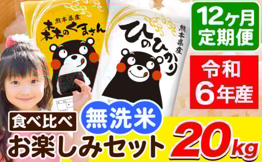 令和6年産 無洗米【12ヶ月定期便】ひのひかり 森のくまさん 2種 食べ比べ 20kg (5kg × 4袋) 計12回お届け 無洗米 熊本県産 単一原料米 ひの 森くま 熊本県 荒尾市《お申し込み月の翌月から出荷開始》