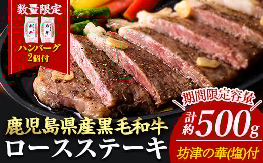 ＜14営業日以内に発送！＞＜2枚・計約500g＋ハンバーグ2個＞4等級以上！鹿児島県産黒毛和牛ロースステーキ2枚セット 黒毛和牛 ステーキ 冷凍【ナンチク】A780-v01