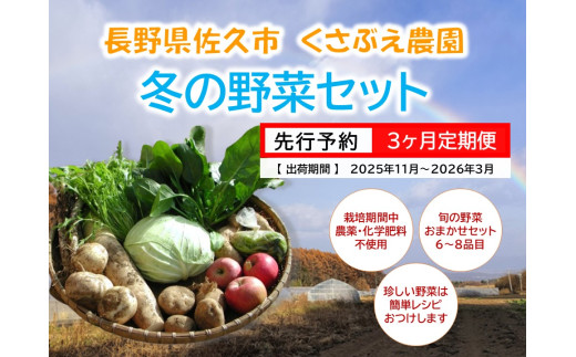 【3ヶ月定期便】くさぶえ農園『冬の野菜6～8品目セット』（2025年11月～2026年3月出荷／北海道・沖縄・離島は配送不可）高原 無農薬 産地直送 新鮮 旬彩 簡単レシピ 先行予約【 産直 高原野菜 旬の野菜 有機野菜 有機栽培 農薬 化学肥料 不使用 佐久市】 1408492 - 長野県佐久市