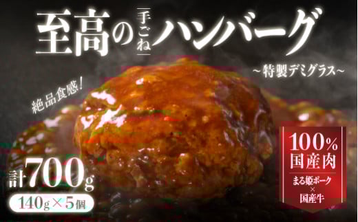 【お試しあれ！！】まる姫ポークと国産牛の贅沢デミグラスハンバーグ 140g×5個(計700g)｜送料無料 ハンバーグ まる姫ポーク 100％国産牛 デミグラスソース 特製デミグラス デミグラス 豚肉 牛肉 贅沢 調理済み 電子レンジ 温めるだけ 真空パック 個包装 湯煎｜【CO-2】