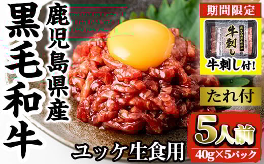 i907-om ＜数量限定・牛刺し付＞鹿児島県産黒毛和牛ユッケ5人前(40g×5P・計200g) 肉 牛肉 黒毛和牛 国産 鹿児島県産 ユッケ 生食 旨み 牛刺し 牛サシ 期間限定 【カミチク】 2091242 - 鹿児島県出水市