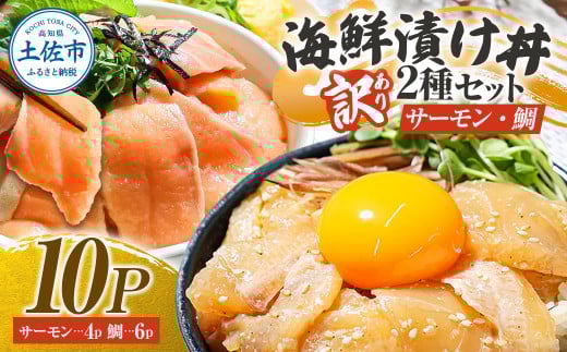 訳あり 海鮮漬け丼 タイ6P・サーモン4Pセット 1袋60g 真鯛 タイ サーモン 詰め合わせ お茶漬け 醤油 漬け 食べ比べ おつまみ 惣菜 鯛茶漬け 魚介類 海鮮 新鮮 天然 美味しい 活き締め 冷凍 配送