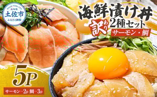 訳あり 海鮮漬け丼 タイ3P・サーモン2Pセット 1袋60g 真鯛 タイ サーモン 詰め合わせ お茶漬け 醤油 漬け 食べ比べ おつまみ 惣菜 鯛茶漬け 魚介類 海鮮 新鮮 天然 美味しい 活き締め 冷凍 配送