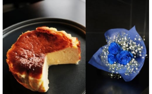 048-016お花屋さんの下諏訪バスクチーズケーキ2個＆青いバラ3本とかすみ草の花束