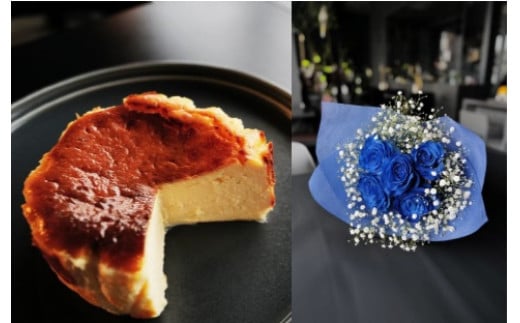 048-014お花屋さんの下諏訪バスクチーズケーキ＆青いバラ5本とかすみ草の花束