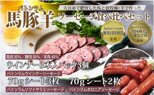 【バトンラム(馬豚羊)】ソフトサラミソーセージ・ボロニアサラミソーセージ・ウインナーソーセージ食べ比べセット