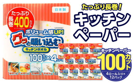 グッと吸い込むキッチンタオル100カット（4ロール×12パック） キッチンペーパー 日用品 消耗品 大容量 吸収力 破れにくい 長持ち 掃除 便利 高評価 R14030