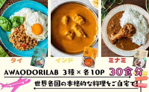 AWAODORILAB３種３０食　 ガパオ10食　バターチキンカレー10食　 ごちそうカレー 10食　 レトルト常温
