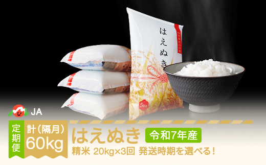 【先行予約】 新米 米 はえぬき 隔月定期便 20kg×3回 精米 令和7年産 2025年産 2025年11月中旬～ ja-haxxa20-sk11to3b 909668 - 山形県村山市
