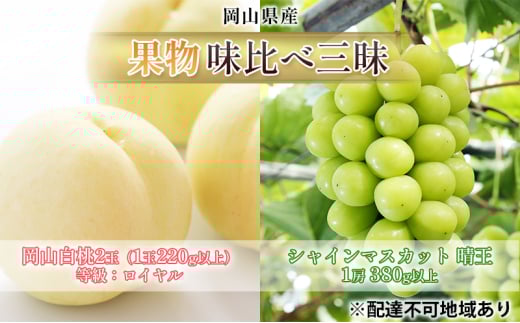 [№5615-0696]桃 ぶどう 2025年 先行予約 果物 味比べ三昧 岡山 白桃 2玉 等級：ロイヤル（1玉220g以上） シャイン マスカット 晴王 1房 380g以上 詰合せ もも 葡萄 岡山県産 国産 フルーツ 果物 ギフト 食べ比べ