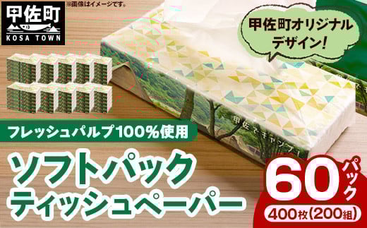 ティッシュペーパーソフトパック　４００枚（２００組）６０パック	- ソフトパック ティッシュ ペーパー 生活用品 雑貨 日用品 必需品 紙 常備品 まとめ買い 備蓄 防災 ストック 熊本県 甲佐町