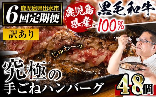 i689 ＜定期便・計6回(隔月)＞【訳あり】鹿児島県産！黒毛和牛の究極の手ごねハンバーグ(総計48個・100g×8個×6回)  ハンバーグ 牛肉 黒毛和牛 100％ 国産 冷凍 おかず 定期便 エコパッケージ 小分け 手ごねハンバーグ 安心安全 簡単調理【スーパーよしだ】 598116 - 鹿児島県出水市