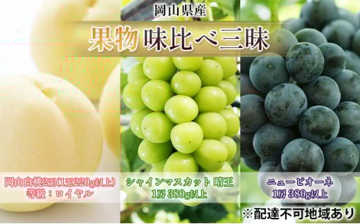 [№5615-0698]桃 ぶどう 2025年 先行予約 果物 味比べ三昧 岡山白桃 2玉 等級：ロイヤル（1玉220g以上）シャインマスカット 晴王 1房 ニュー ピオーネ 1房 詰合せ 岡山の桃 岡山の葡萄