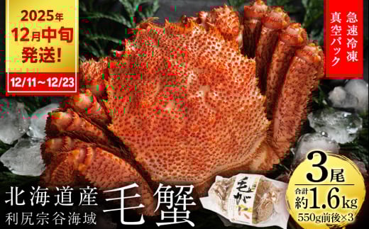 【2025年12月11日～12月23日発送】毛ガニ 中小サイズ（550g前後） 3尾セット＜利尻漁業協同組合＞