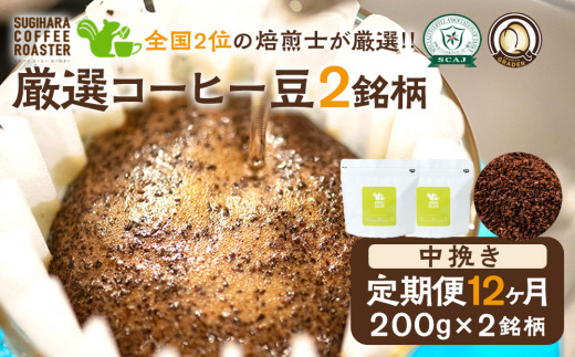 【コーヒー豆定期便】珈琲豆 200g×2銘柄 12ヶ月（中挽き）