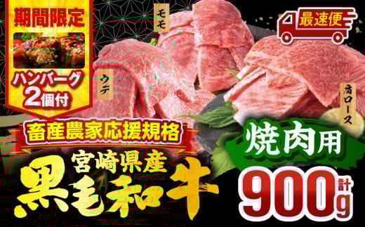 【最速便】【期間・数量限定】畜産農家応援！宮崎県産 黒毛和牛 焼肉3種セット(肩ロース・ウデ・モモ 各300g)・国産牛ハンバーグ100g×2個_M132-030-B2-2W 2161030 - 宮崎県宮崎市