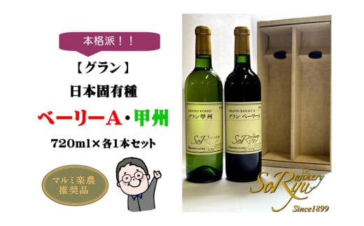 本格派【グラン】日本固有種 ベーリーA・甲州 各1本セット（MRN）B13-310 【ワイン 蒼龍葡萄酒 赤ワイン 白ワイン 甲州市 山梨県】