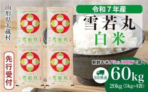 ＜令和7年産米先行受付＞ 大蔵村産 雪若丸 【白米】 定期便 60kg （20kg×２ヶ月間隔で3回お届け）＜配送時期選べます＞