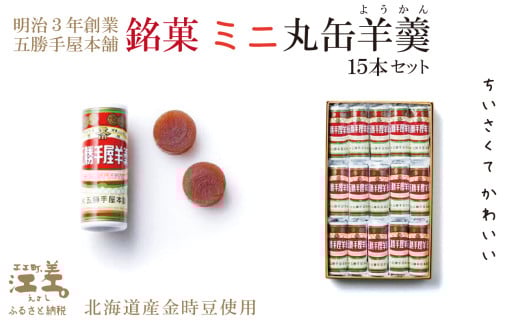 五勝手屋本舗『ミニ丸缶羊羹（ようかん）』15本セット　金時豆のようかん　保存料不使用　五勝手屋羊羹の老舗　和菓子　銘菓　名物　贈答用　ギフト